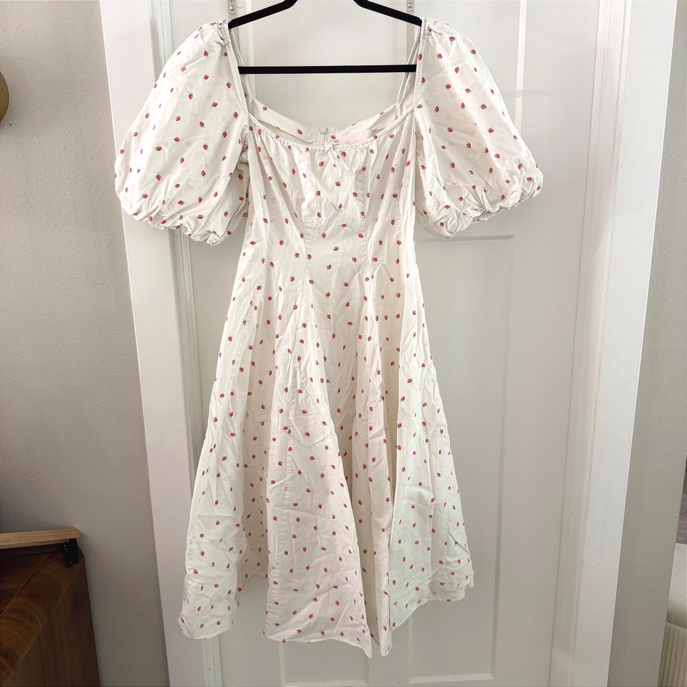 Selkie Day Dress in La Fraise Strawberry Print Puff Sleeve Midi M Cottagecore